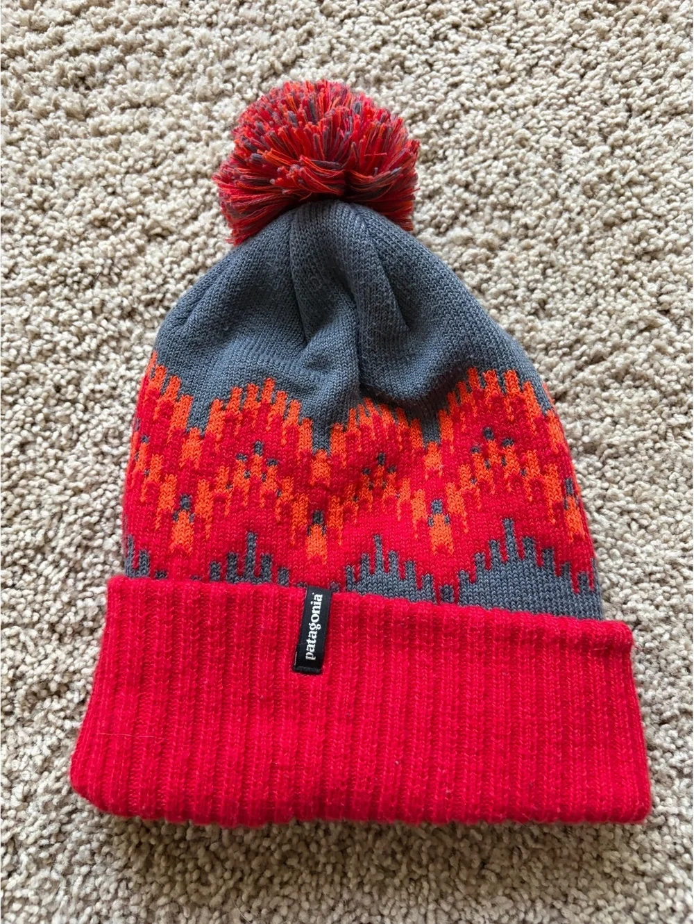 Patagonia Powder Town Beanie red grey orange ribbed cuff pom pom